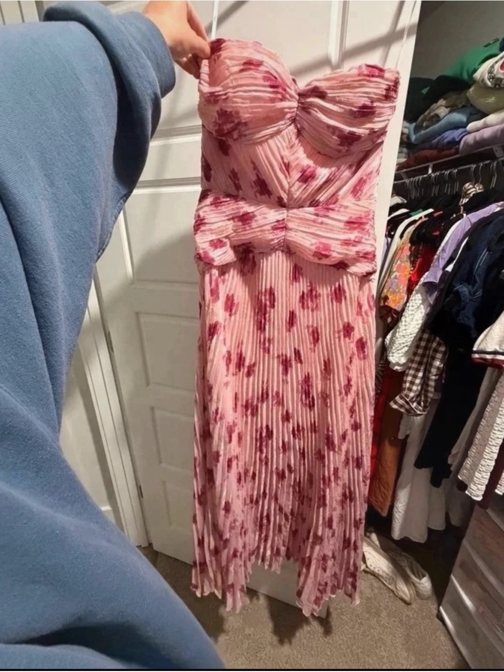 Lulu's Pink Strapless Floral Pleated Maxi Dress